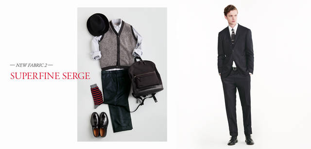 　2012-13秋冬コレクション　左／ニットベスト3万9900円、シャツ2万4150円、トラウザーズ4万2000円、ハット2万5200円、デイパック3万4650円、ソックス2625円、シューズ4万5150円（すべてマーガレット・ハウエル）、モデル／ジャケット8万4000円、シャツ2万7300円、トラウザーズ4万2000円、タイ1万3650円、ベルト1万6800円、シューズ8万2950円（すべてマーガレット・ハウエル）