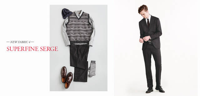 　2012-13秋冬コレクション　左／ニットベスト4万950円、シャツ2万7300円、トラウザーズ4万2000円、ニットキャップ2万4150円（店舗限定）、ソックス2625円、シューズ4万5150円（すべてマーガレット・ハウエル）、モデル／ジャケット8万4000円、シャツ3万450円、トラウザーズ4万2000円、タイ1万3650円、ベルト1万6800円、シューズ8万2950円（すべてマーガレット・ハウエル）