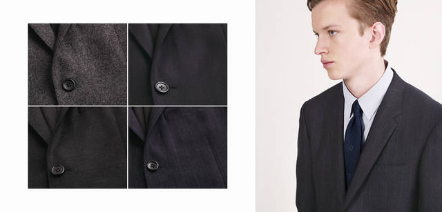 　2012-13秋冬コレクション　左／今シーズンのフォックスブラザーズの生地バリエーション。左上＝TWILL FLANNEL（ツイルフランネル）、右上＝SUPERFINE SERGE（スーパーファインサージ）、左下＝SUPERFINE SERGE（スーパーファインサージ）、右下＝SUPERFINE HERRINGBONE STRIPE（スーパーファインヘリンボーンストライプ）、モデル／今秋冬コレクションのシャツは、台襟が高くなったドレス仕様が魅力。ネクタイ着用ではもちろん、ノータイでも襟もとがすっきりきれいにおさまる。このコーディネイトのように、ミニヘリンボーン組織にグレイッシュブルーのステッチストライプを配したジャケットにタイドアップすれば、感度の高い英国スタイルが完成する。