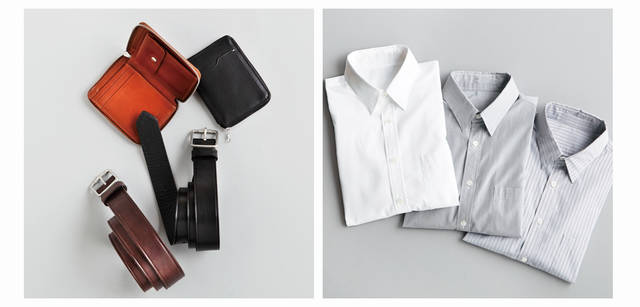 　2012-13秋冬コレクション　左／スーツスタイルはもちろん、ジャケット着用時でも必須のスマートな小物たち。ウォレットは外側に電子カードなどを収納できるパスケース付き。全体はすっきりコンパクトな大きさが魅力だ。ベルトも英国製で、ドレスにもカジュアルにも使える色、素材、太さがラインナップ。色を合わせるとより効果的。ウォレット各3万450円、ベルト各1万6800円（ともにマーガレット・ハウエル）、右／ドレス傾向が強まってくる今年の秋冬は、あたらしいシャツがマストアイテム。とくに襟型の変化がトレンドをリードして、このシャツのように、すっきりとドレススタイルにフィットするシャツは必携だ。マーガレット・ハウエルがヨーロッパのシャツ専門サプライヤーの生地で仕立てたシャツは、ファインな素材で、ノータイでもドレス感あふれる襟が魅力。白シャツ2万7300円、ストライプシャツ各3万450円（ともにマーガレット・ハウエル）
