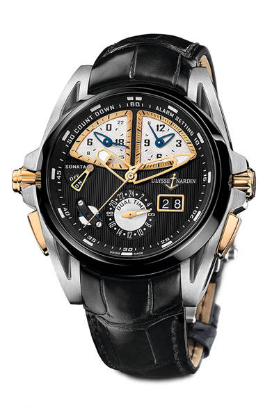 デザインコンシャスな意欲作「ソナタ」に、あらたな一本がくわわった。スーパーヨットの造形美に着想を得た本作は、ケース素材にチタンを選択。ダイヤルは羅針盤を連想させるデザインで、ムーブメントは7年もの歳月をかけ開発した自社製キャリバーUN-67を搭載。シリコン製ゼンマイを採用したことで、メロディアラーム機能や、カウントダウン表示、デュアルタイム表示など、これまでにない多彩な機能を備える。<br /><br /><strong>ソナタ ストリームライン</strong><br />388万5000円<br />自動巻き、直径44mm、チタン／RG／セラミック、アラーム、カウントダウン表示、デュアルタイム、ビッグデイト<br /><br />DKSHジャパン株式会社<br />Tel. 03-5441-4515<br />http://www.ulysse-nardin.com