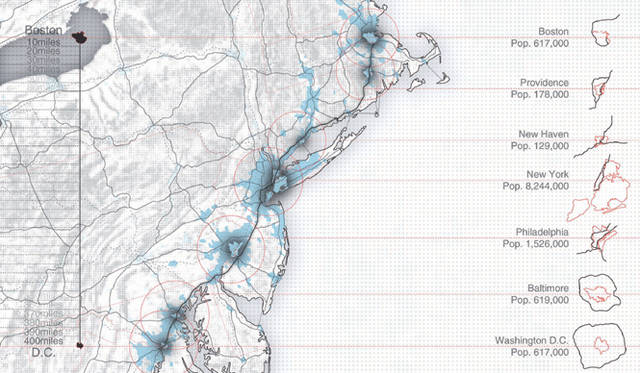 <strong>Audi Urban Future Award｜アウディ アーバン フューチャー アワード</strong>　© Höweler + Yoon Architecture<br />ボストン・ワシントンの都市部の人口集中をあらわした地図