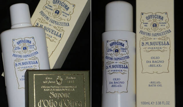 <strong>伊勢丹｜イセタンメンズ レジデンス</strong>　左／「サンタ マリア ノヴェッラ」オリーブオイルソープ&ヴィーゾコルポジェル、右／「サンタ マリア ノヴェッラ」バスオイル リラックス