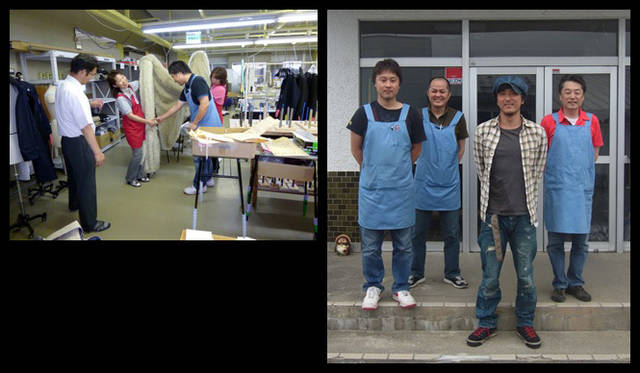 <strong>ART｜栗林隆展</strong> 左／サンヨーソーイング青森工場で、職人が作品制作をしている様子。右／サンヨーソーイング青森・横井社長、和田工場長、西岡さんと栗林さん