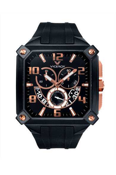 スペイン発の時計ブランド「バーセロイ」から、「マグナムコレクション」初のスクエアケースを採用した新作ウォッチが登場。ブラックプレーティングにローズゴールドのコンビネーションはスポーティーなテイストとエレガンスを兼ね備えたバーセロイらいしい1本だ。6時位置は日付と曜日を表示するカレンダー機能が備わる。<br /><br /><strong>マグナムコレクション</strong><br />3万1500円<br />クォーツ、横45×縦51mm、50m防水、クロノグラフ、カレンダー、ラバーストラップ<br /><br />コラボ<br />Tel. 03-5807-1601<br />http://www.viceroy.jp