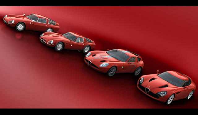 左からアルファロメオ TZ、アルファロメオ TZ2、アルファロメオ TZ3 コルサ、アルファロメオ TZ3 ストラダーレ