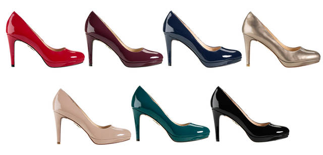 <strong>COLE HAAN｜コール ハーン</strong><br />チェルシーパンプのカラーバリエーション。左上から、タンゴレッド パテント、オックスブラッド パテント、ブレザーブルー パテント、ピューター パテント、メープルシュガー パテント、ダークティール パテント、ブラック パテント。チェルシーパンプ [H9cm] 各4万2000円