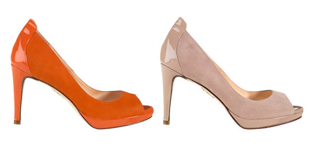 <strong>COLE HAAN｜コール ハーン</strong><br />ポップな印象の「コーポレートオレンジ スエード」と、ファッションに合わせやすい「メープルシュガー スエード」のカラーバリエーション。「チェルシー オープントゥ パンプ」[H9cm] 各4万2000円