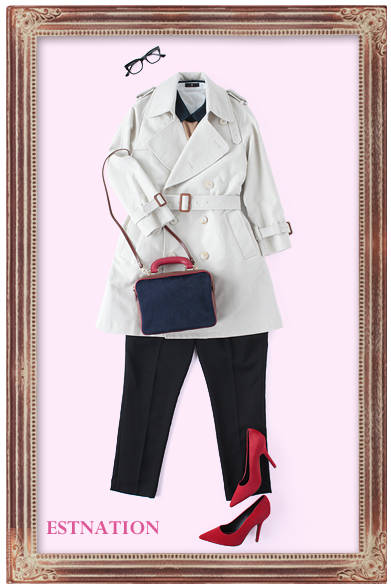 縦のラインを強調したシルエットがスマートのトレンチコートは、かっちりとしたマスキュリンなアイテムを合わせてスタイリッシュに。パンプスや眼鏡など女らしい小物をプラスし、コーディネイトに艶を出して。<br /><br />ESTNATION｜エストネーション<br />Tel. 03-5159-7800
