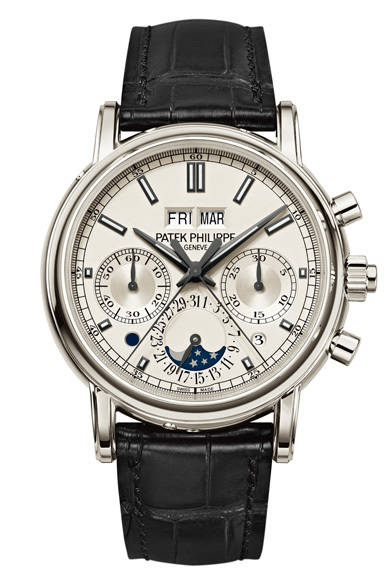 パテック フィリップの「5204P」は、スプリット秒針クロノグラフと永久カレンダーを搭載した新作クロノグラフ。あたらしいグランドコンプリケーション・ムーブメントのキャリバーCHR 29-535 PS Qを搭載し、永久カレンダーの機能も備える。多くの特許技術が注ぎ込まれたマスターピースがまたひとつ誕生した。<br /> <br /><strong>永久カレンダー搭載スプリット秒針クロノグラフ 5204 P</strong><br />2730万円<br />手巻き、直径40mm、プラチナ、スプリット秒針クロノグラフ、永久カレンダー<br /> <br />パテック フィリップ ジャパン・インフォメーションセンター<br />Tel. 03-3255-8109 <br />http://www.patek.com