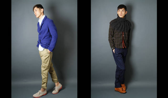 <strong>ミノトール2012秋冬コレクション『SYNERGISTIC』</strong>　タータンチェックにほどこしたストレッチバインダーテープなど、伝統と現代のテクノロジーを融合させたミノトールらしいアプローチが随所で見られる。　左／ジャケット 3万9900円、シャツ 1万6800円、パンツ 2万3625円、 シューズ 2万6775円　右／ハイネックショルダーウォーマー 2万9925円、シャツ 2万3625円、パンツ 2万3625円