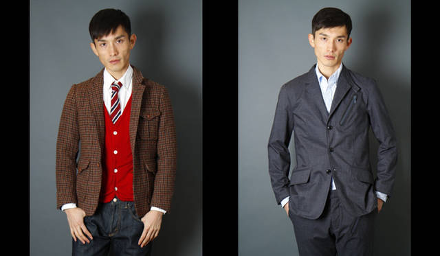 <strong>ミノトール2012秋冬コレクション『SYNERGISTIC』</strong>　ツイードのテーラードジャケットの中綿には、マイクロファイバー構造の高機能素材を使用している。　左／ジャケット 6万5625円、カーディガン 2万3625円、シャツ 1万6800円、パンツ 2万3625円　右／ジャケット 4万9875円、シャツ 1万6800円、パンツ 3万4650円