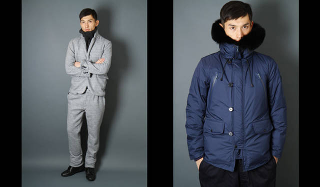 <strong>ミノトール2012秋冬コレクション『SYNERGISTIC』</strong>　左／ハイネックショルダーウォーマー 2万9925円、ジャケット 3万9900円、パンツ 2万4675円　右／ジャケット 9万9750円