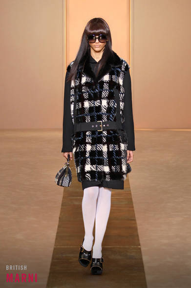 <strong>MARNI｜マルニ</strong><br /><br />マットなブラックのウールコートをベースに、ボディにはチェック柄のファーを。素材の質感のコントラストがおもしろい、マルニらしい可愛らしさと遊び心のある一枚。<br /><br /><br />コート　参考商品<br /><br />マルニジャパン<br />Tel. 03-6416-1024
