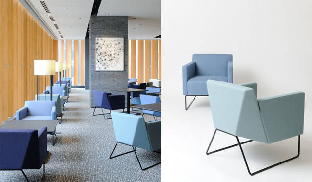 <strong>BIZCOLI｜ビズコリ</strong>　「ビズ・コミュニケーション・ライブラリ－（BIZCOLI-BIZ COMMUNICATION LIBRARY）」　左／交流ラウンジ（全景）、右／slitta arm sofa (製作協力:cassina ixc.)