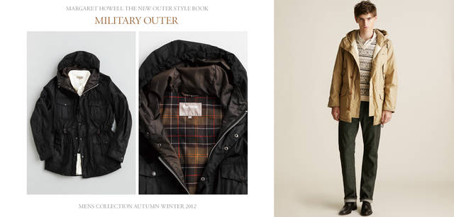 　2012-13秋冬コレクション　左／マーガレット・ハウエルが世界最高品質のオイルドジャケットを作りつづける「Barbour(バブアー)」に別注したフーデッドブルゾン。昨年秋冬に完売したモデルに、今年は新色のブラックが登場。細身ながら着やすいシルエットに注目。ブルゾン7万2450円（マーガレット・ハウエル）　右／コート5万1450円（MHL.）、ニットベスト4万950円、シャツ2万4150円、デニム2万4150円、シューズ8万2950円（すべてマーガレット・ハウエル）