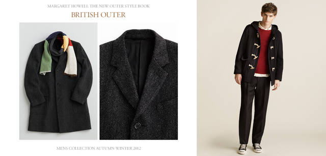 　2012-13秋冬コレクション　左／伝統的なチェスターフィールドをマーガレット・ハウエルらしくソフトに表現したシティコートが登場。ヒップが隠れるぐらいの着丈は、この秋冬のマスト。ベーシックだからこそトレンドをくわえた着こなしが自在に楽しめる。コート7万6650円（マーガレット・ハウエル）、スカーフ1万6800円（MHL.)　右／ダッフルコート5万5650円、スニーカー1万2600円（ともにMHL.）、ニット3万7800円、シャツ3万4650円、トラウザーズ4万950円（すべてマーガレット・ハウエル）