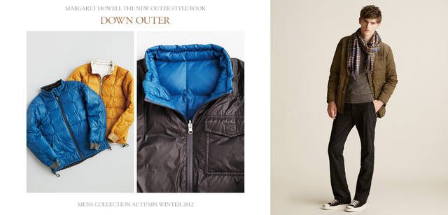 　2012-13秋冬コレクション　左／マーガレット・ハウエルファンは毎年買い足しているという定番人気のダウンが今年もラインナップ。2012バージョンは、袖口がリブ仕様で、ついに完全リバーシブルが実現！　ブルゾン各3万7800円（MHL.）　右／ブルゾン3万7800円、スニーカー1万2600円（ともにMHL.）、ニット3万7800円、トラウザーズ2万4150円、スカーフ3万450円（すべてマーガレット・ハウエル）