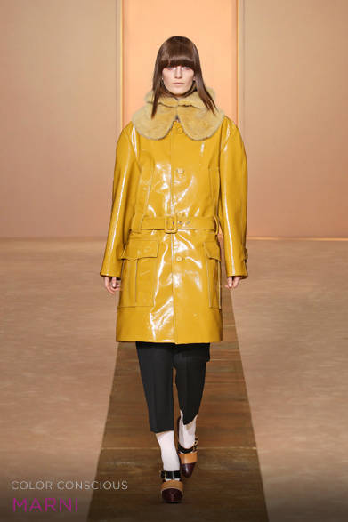 <strong>MARNI｜マルニ</strong><br /><br />トレンドカラーでもあるマスタードイエローをコーディネイトに投入すれば、たちまち今年らしいスタイリングに。ラムレザーのハリのある素材感と構築的なシルエットに、首もとのファーがフェミニンなエッセンスをプラス。異素材のマッチングを楽しむ着こなしはぜひスタイリングの参考に。<br /><br />コート 参考商品、ファーカラー 35万700円（参考色）<br /><br />マルニジャパン<br />Tel. 03-6416-1024