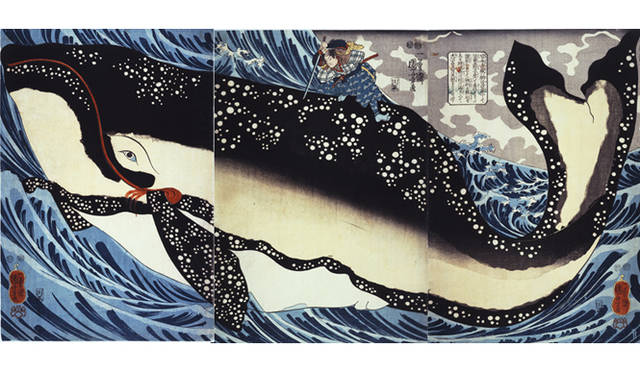 <strong>『はじまりは国芳―江戸スピリットのゆくえ』</strong>　歌川国芳（一勇斎）「宮本武蔵の鯨退治」、弘化4年頃(C.1847)、大判三枚続、多色木版　※後期のみの展示