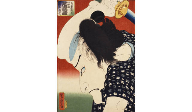 <strong>『はじまりは国芳―江戸スピリットのゆくえ』</strong>　歌川芳虎 「呉服屋清七　五代目尾上菊五郎　俳名梅幸」 明治2年(1869)、大判、多色木版、横浜美術館蔵［小島豊氏寄贈（小島烏水旧蔵）］