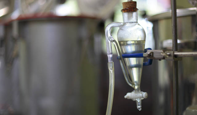  漏斗の上部、わずかに分離して輝いているのが精油である