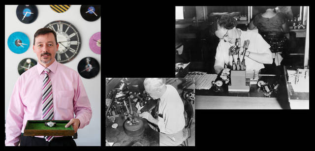 <strong>HAMILTON｜ハミルトン</strong>　<br />左／時計博物館のキュレーター、ノール・ポアイエ（Noel Poirier）氏。中・右／ハミルトン社の創業は1892年。ブランドとともにランカスターも発展していった。時計工房での作業のようす。