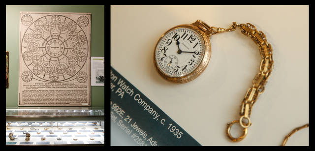 <strong>HAMILTON｜ハミルトン</strong>　<br />左／鉄道会社がもっていた各都市の時刻表。当時は都市ごとに標準時を決めていたので、時差があった。右／1935年製ハミルトンの懐中時計。鉄道のタイムキーパーとして名声が高まった。