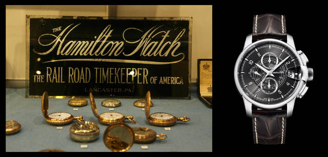<strong>HAMILTON｜ハミルトン</strong>　<br />左／20世紀初頭のハミルトンの看板と懐中時計。看板には「鉄道のタイムキーパー」という宣伝文句が見える。右／創業当時「高精度な鉄道公式時計」として名を馳せた懐中時計を、コンテンポラリーなスタイルで仕上げた現行時計。レイルロード オートクロノ H40616535　22万500円  