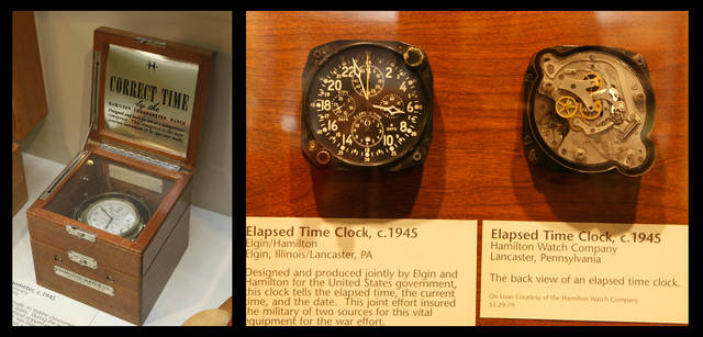 <strong>HAMILTON｜ハミルトン</strong>　<br />左／1940年代、米海軍に要請されて開発したマリン クロノメーター。右／同年、米政府に要請されて製作した「経過時間」「現在時間」「日数」を表示する航空時計。