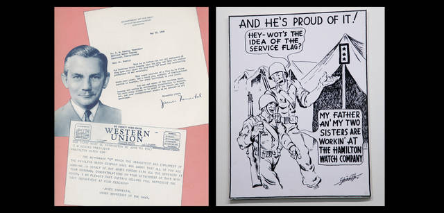 <strong>HAMILTON｜ハミルトン</strong>　<br />第二次世界大戦とともに、ハミルトンはアメリカ政府の要請を受けて軍用時計を生産することになり、一般的な商業時計の生産をストップする。左／大戦当時、軍用時計をつくるようにとの政府からの要請文書。右／大戦中の愛国的なポスター。兵士が「なぜ国家に従事している星印を3つもつけているんだ？」と聞くと、「オレのオヤジとふたりの姉妹はハミルトン時計会社で働いているんだ」と答えている。