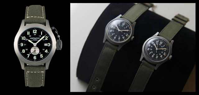 <strong>HAMILTON｜ハミルトン</strong>　<br />左／海軍からの要請で開発した潜水工作員用の水中時計を、フィールドウォッチとして甦らせたカーキ ネイビー クラシック。2010年に生産終了したが、2012年日本限定モデルとして復刻。H77445933　9万7650円、右／第二次世界大戦中に、実際に兵士とともに戦場を駆け抜けたハミルトンの腕時計。