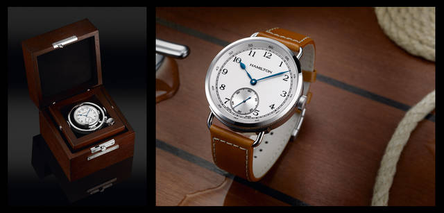 <strong>HAMILTON｜ハミルトン</strong>　<br />ハミルトンの現行モデル。1940年代に米海軍の要請を受けて製作したマリンクロノメーターをモチーフとし、ブランド創設120周年の2012年12月発売予定。カーキ ネイビー パイオニア 限定モデル　H78719553　27万5100円