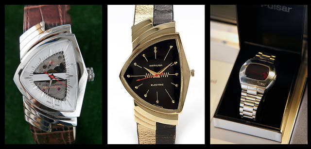 <strong>HAMILTON｜ハミルトン</strong>　<br />左／現行のベンチュラ オート。H24515551　12万1800円、中／1957年発売のベンチュラ。初のエレクトリックモデルとして注目を集めた。右／1970年発表のパルサー。世界初のデジタルウォッチを発表したのもハミルトンだった。