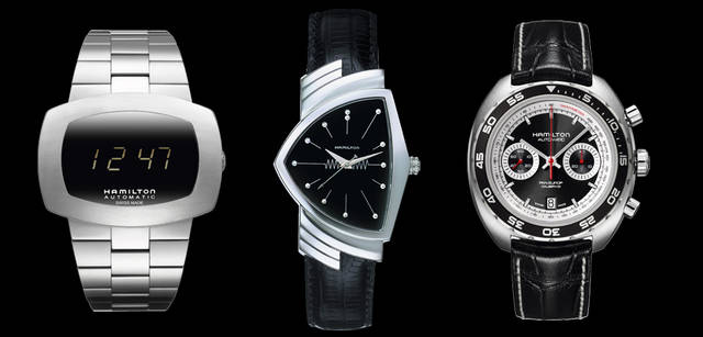 <strong>HAMILTON｜ハミルトン</strong>　<br />現行アイテム。左／1970年発売の世界初LED式デジタルウォッチ「パルサー」を画期的なテクノロジーで進化させた時計。アナログとデジタルの絶妙な融合が、現代における近未来感を表現。パルソマティック H52515139　15万9600円、中／50年以上にわたるベストセラーのひとつであり、発売当時のオリジナルモデルに忠実なベンチュラ H24411732　8万4000円、右／1971年発売の初の自動巻きクロノグラフムーブメント搭載モデル「パン ユーロ」を復刻。アイコニックなデザインに、ETAと共同開発したパワーリザーブ最大60時間のH31ムーブメントを搭載し、当時の革新性をいまに伝える。パン ユーロ H35756735　17万100円