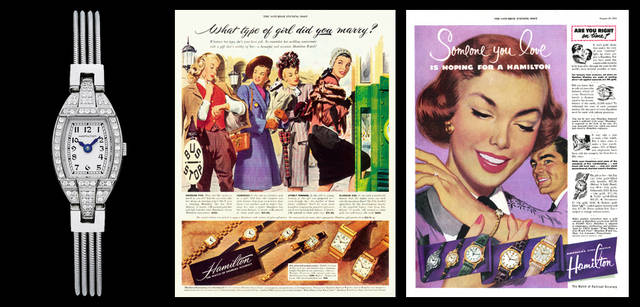 <strong>HAMILTON｜ハミルトン</strong>　<br />左／現行モデル。レディ ハミルトン（ステンレススチール 4連ブレス） H31151183　14万4900円、中・右／女性のニーズも高く、1940～50年代になると、アメリカでは夫から妻へ、そして妻から夫へ、愛と感謝の気持ちを綴ったラブレターとともに贈られたのがハミルトンだったのだという。