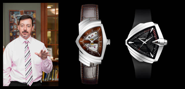 <strong>HAMILTON｜ハミルトン</strong>　<br />左／時計博物館キュレーターのノール・ポアイエ氏。「もしハミルトンの時計の中から好きなものをひとつ選んでいいとしたら？ ずばりベンチュラですね」。中／ベンチュラ オート H24515591　12万1800円、右／ベンチュラ XXL （ステンレススチールケース・ケース幅46mm、機械式自動巻き） H24655331　12万6000円