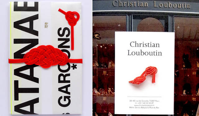 <strong>TIER｜タイヤー</strong>　「勝手にシリーズ」　左／「ご祝儀袋/COMME des GARÇONS」 ギャルソン好きな恩師へ還暦祝いとして贈ったご祝儀袋。右／「カード/Christian Louboutin」 ルブタンのこっくりした赤のハイヒールを水引で。ショップカードをイメージ