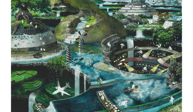 <strong>『道展work in progress』</strong>　藤元明  （素材：池田学/ IKEDA Manabu 居住区/Settlement 2009 紙にペン、インク/pen,acrylic ink on paper 19.7×29.6cm 撮影：宮島径/photo by MIYAJIMA Kei (c)IKEDA manabu Courtesy Mizuma Art Gallery  制作：2012年 協力：ミズマアートギャラリー／JTQ）