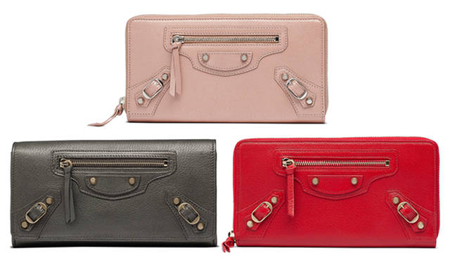 <strong>BALENCIAGA｜バレンシアガ</strong>　左から時計回りに ウォレット「MONEY」 [W19×H9.5×D2 cm] 5万5650円、ウォレット「CONTINENTAL ZIP AROUND」 [W19×H10×D2.5 cm] 各5万7750円　※ピンクカラー「ROSE」は直営店限定　
