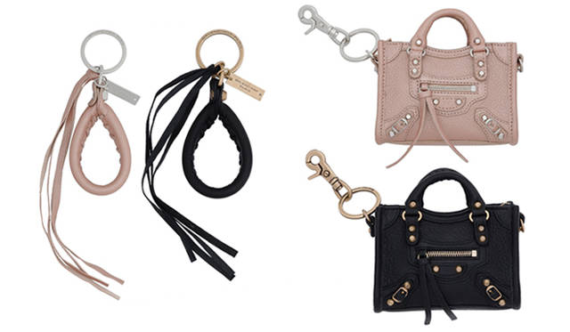 <strong>BALENCIAGA｜バレンシアガ</strong>　左からチャーム「PORTE-CLÉS」 各1万5750円、チャーム「TINY CITY」 4万2000円　※ピンクカラー「ROSE」は直営店限定