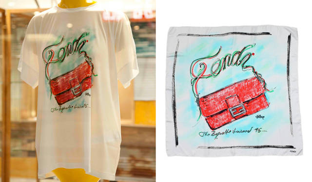 <strong>FENDI｜フェンディ</strong>　左からカール・ラガーフェルドのイラストによるプリントTシャツ 6万7200円、シルクスカーフ  5万400円