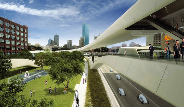 <strong>Audi Urban Future Initiative｜アウディ アーバン フューチャー イニシアティブ</strong><br />ボストン ワシントン エリアを題材としたへヴェラー＆ユーン アーキテクチャー（Höweler + Yoon Architecture）のイメージ画像　束状に集約された交通機関