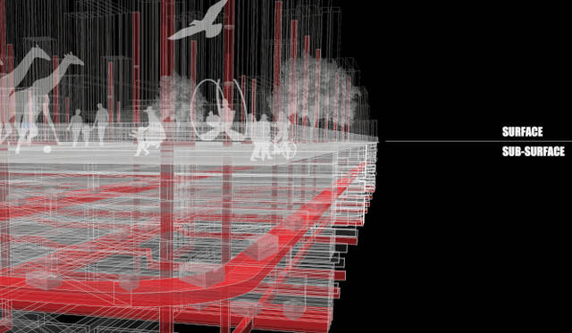 <strong>Audi Urban Future Initiative｜アウディ アーバン フューチャー イニシアティブ</strong><br />珠江デルタをテーマにしたNODEによるイメージ。地下、半地下を利用し、地上に動植物の聖域を生み出す