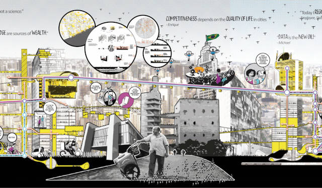 <strong>Audi Urban Future Initiative｜アウディ アーバン フューチャー イニシアティブ</strong><br />サンパウロのアーバンシンクタンクによるイメージ。住人不在の高層ビルを利用して、縦方向に交通を開拓する