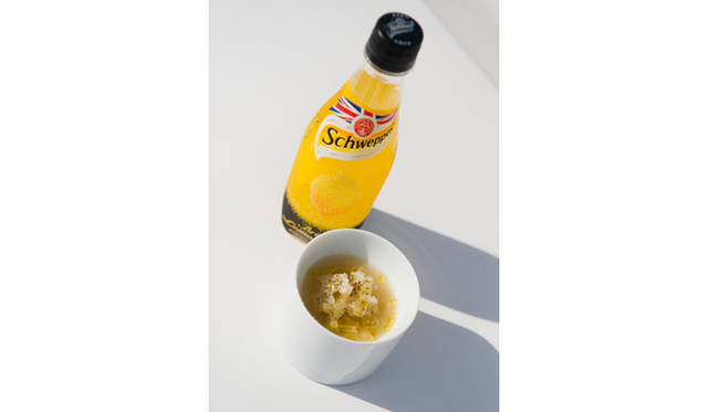 <strong>Schweppes｜シュウェップス</strong>　アーティチョークに似た、カルドンという野菜の茎の部分を軟らかく煮て、パルメザンチーズと黒コショウを効かせた一皿。「カルドンの煮込み」