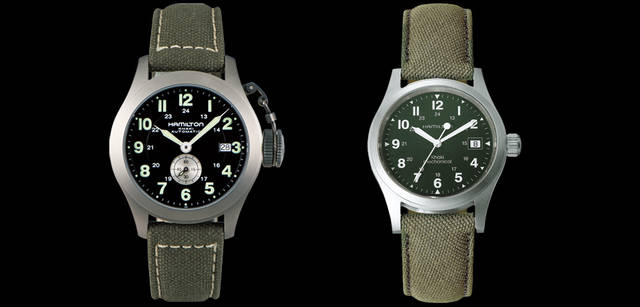 <strong>HAMILTON｜ハミルトン</strong><br />ハミルトンのアイテムのなかでも不動の人気を誇るのが、ミリタリーウォッチがルーツのカーキシリーズ。1951年作の映画『フロッグメン』に登場したことから、ハミルトンと映画の関係がはじまる。左／第二次世界大戦時に米海軍の潜水工作員部隊に提供され、映画『フロッグメン』でも使用された時計の直系。カーキ ネイビークラシック （チタンケース・ケース径40mm、機械式自動巻き、日本限定300本）H77445933  9万7650円、右／スパイク・リー監督作品『セント・アンナの奇跡』にも登場した、カーキ フィールドメカ （ステンレススチールケース・ケース径38mm、機械式自動巻き、カーキキャンパスストラップ）H69419363  4万7250円