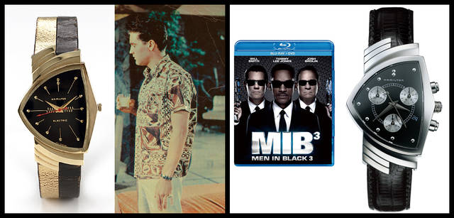 <strong>HAMILTON｜ハミルトン</strong><br />一世を風靡したのが、エルヴィス・プレスリーが1961年に『ブルーハワイ』でつけたベンチュラだ。 独創的な三角形のフォルムは、撮影後もエルヴィスのお気に入りとなって愛用されたため、世界中のファンにとって憧れのアイテムになった。そしてその個性は時を隔てても魅力を失わず、『メン・イン・ブラック』３部作シリーズでは、ウィル・スミスが演じたMIBエージェントの時計として登場している。右／ベンチュラ クロノ（ステンレススチールケース・ケース幅33mm、クロノグラフ、クォーツ、ブラックカーフストラップ） H24412732  10万3950円<br /><br />「メン・イン・ブラック3」ブルーレイ＆DVDセット<br />3990円   発売・販売｜角川書店<br />©2012 Columbia Pictures Industries, Inc. and Hemisphere – Culver Picture Partners I, LLC. All Rights Reserved. <br /> 