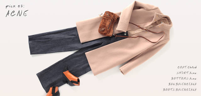 <strong>idea by SOSU｜イデア バイ ソスウ</strong>　フレッシュな感覚のデザインとバランスのとれたプライスで急成長を遂げたスウェーデン発のブランド、アクネ。シグネチャー的なアイテムでもあるデニムをはじめ、時代の空気をいち早く反映させたシルエットやサイズ感にはとくに定評がある。このコーディネイトでは、オーバーサイズのデニムとメッシュの加工がユニークなシャツをチョイス。「今季旬のボックスシルエットのコート。ここに、オーバーサイズながらテーラード風のデザインで仕立てたデニムをもってくることで、ぐっとエレガントな印象になります」。（価格は次ページ）
