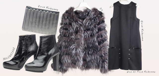 <strong>idea by SOSU｜イデア バイ ソスウ</strong>　左から クラッチバッグ 4万2000円（パコ ラバンヌ）、ブーツ 10万8150円（バレンシアガ）、ファーコート 17万100円（CO）、ドレス 22万3650円（パコ ラバンヌ）